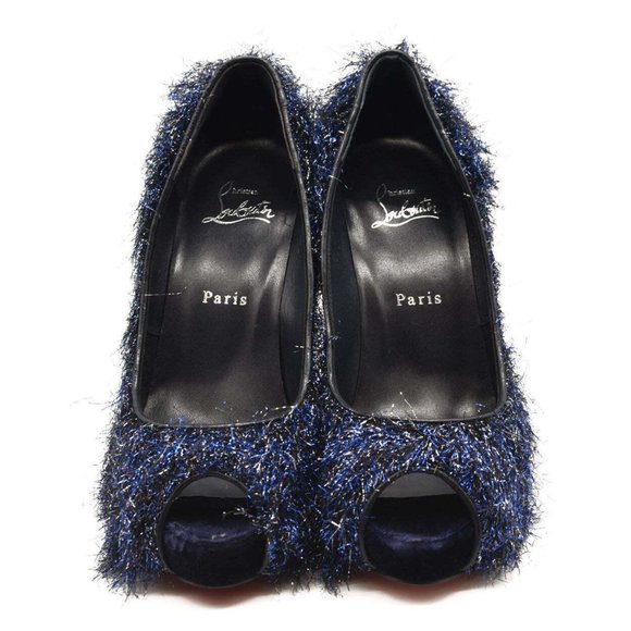 NEW $850 Christian Louboutin Very Prive 120 Peep Toe Blue Glitter Metallic Threa - Picture 2 of 9
